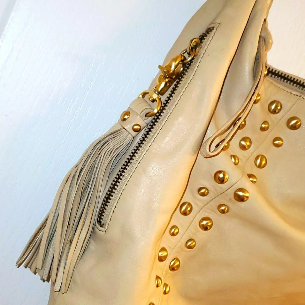 Scarlett Blake Creme Studded Leather Hobo Bag